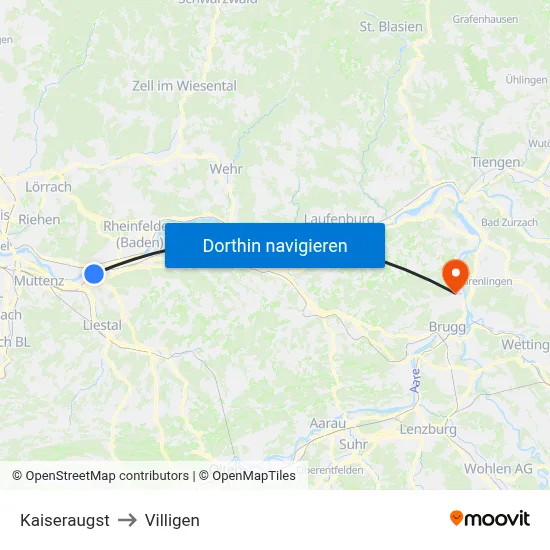 Kaiseraugst to Villigen map