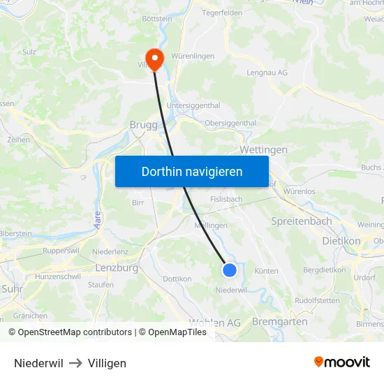 Niederwil to Villigen map