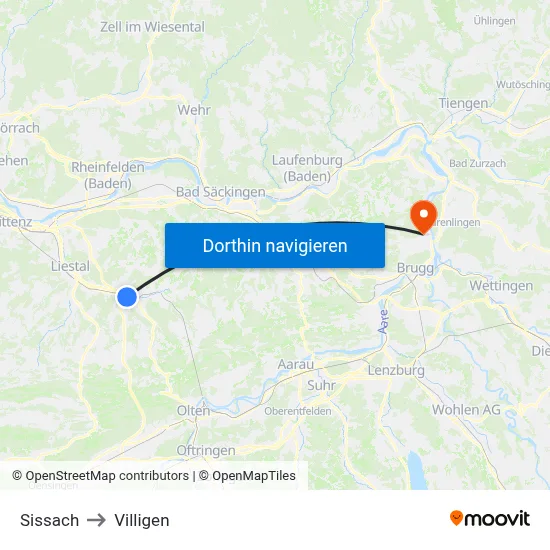 Sissach to Villigen map
