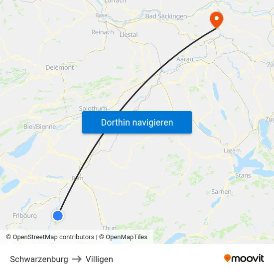 Schwarzenburg to Villigen map