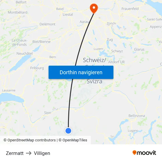 Zermatt to Villigen map