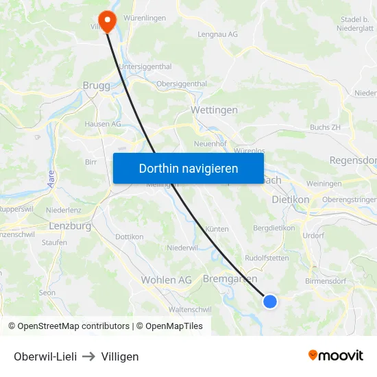 Oberwil-Lieli to Villigen map