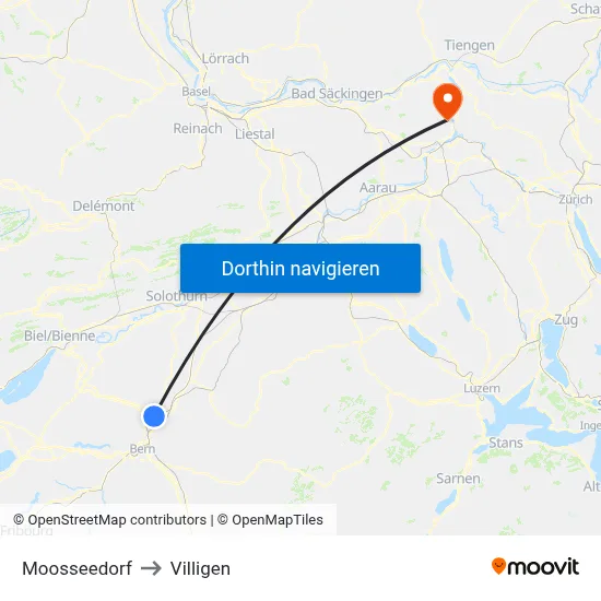 Moosseedorf to Villigen map