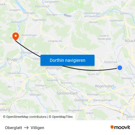 Oberglatt to Villigen map