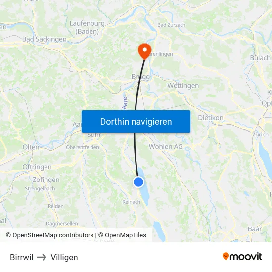 Birrwil to Villigen map