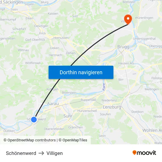 Schönenwerd to Villigen map