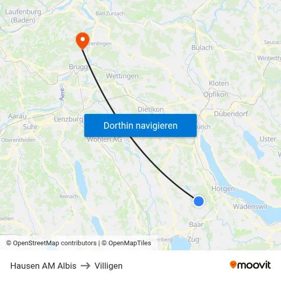 Hausen AM Albis to Villigen map