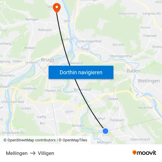 Mellingen to Villigen map