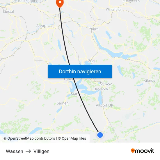 Wassen to Villigen map