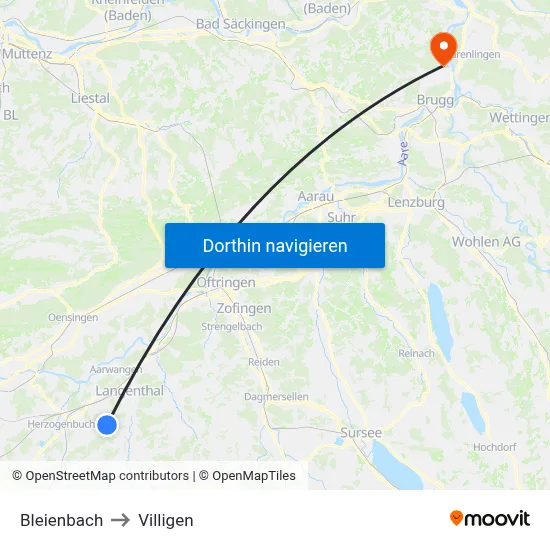 Bleienbach to Villigen map