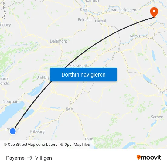 Payerne to Villigen map