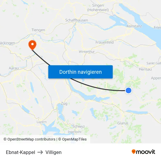 Ebnat-Kappel to Villigen map