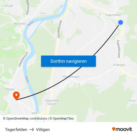 Tegerfelden to Villigen map
