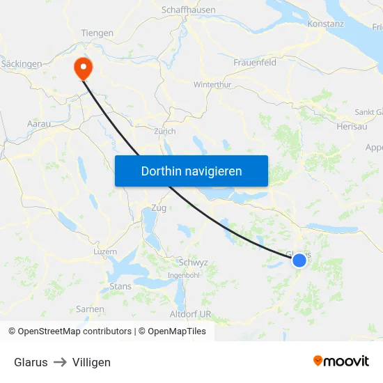 Glarus to Villigen map