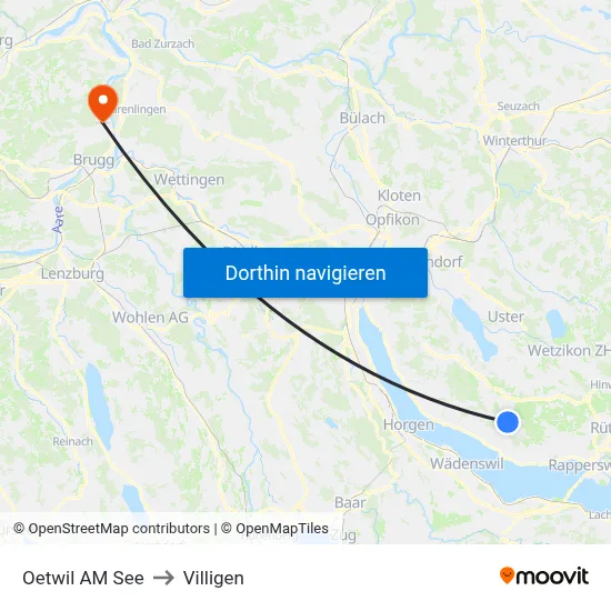 Oetwil AM See to Villigen map