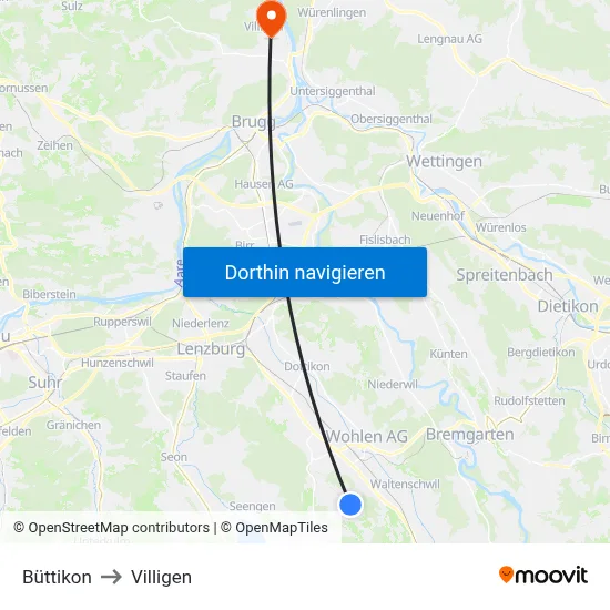 Büttikon to Villigen map