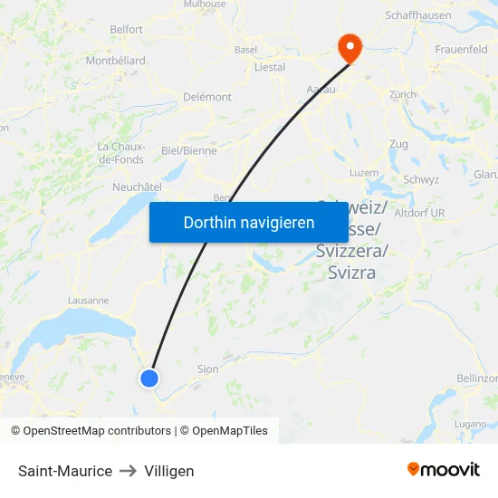 Saint-Maurice to Villigen map