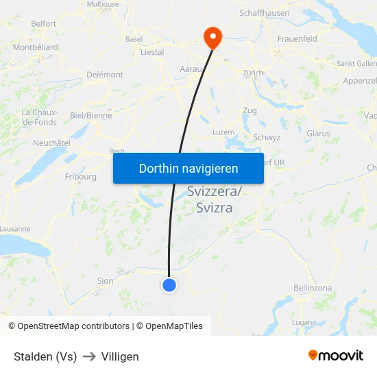 Stalden (Vs) to Villigen map