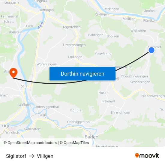 Siglistorf to Villigen map