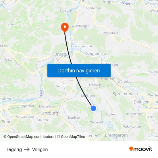 Tägerig to Villigen map
