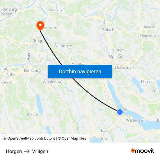 Horgen to Villigen map
