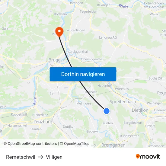 Remetschwil to Villigen map