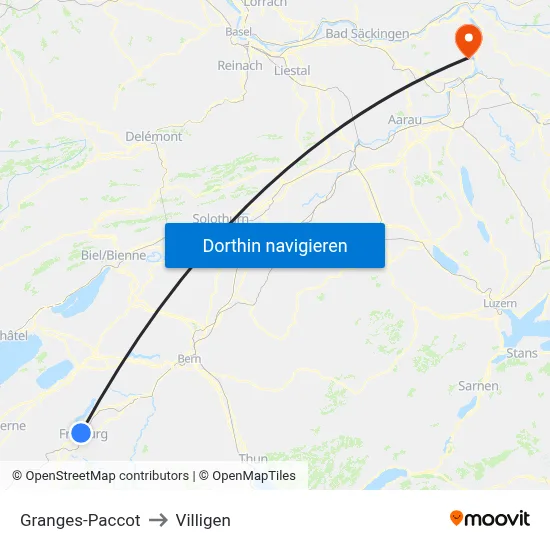 Granges-Paccot to Villigen map