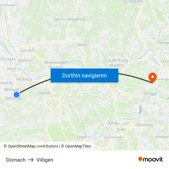 Dornach to Villigen map
