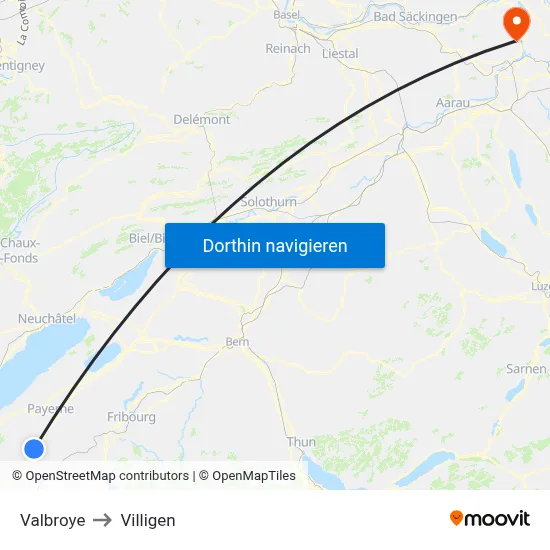 Valbroye to Villigen map