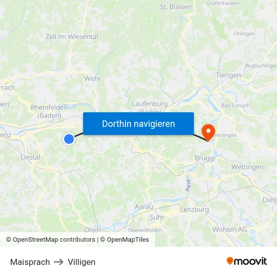 Maisprach to Villigen map