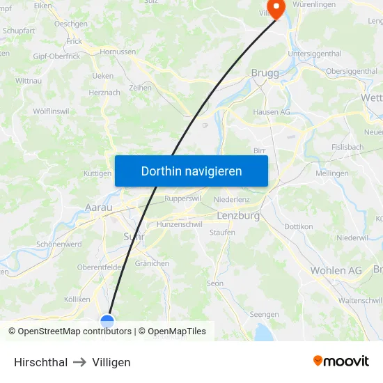 Hirschthal to Villigen map