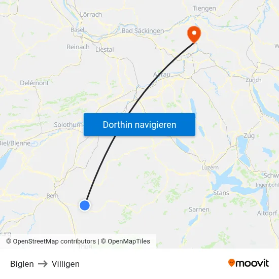 Biglen to Villigen map