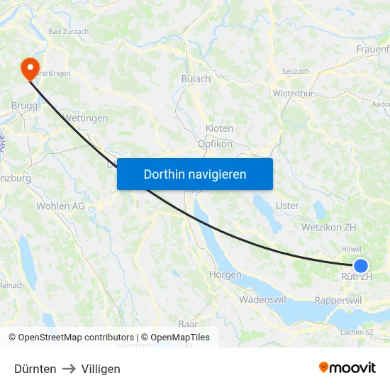 Dürnten to Villigen map