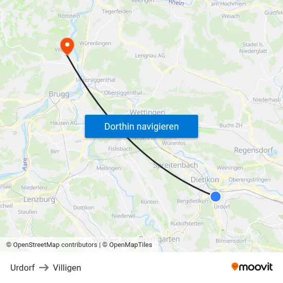 Urdorf to Villigen map