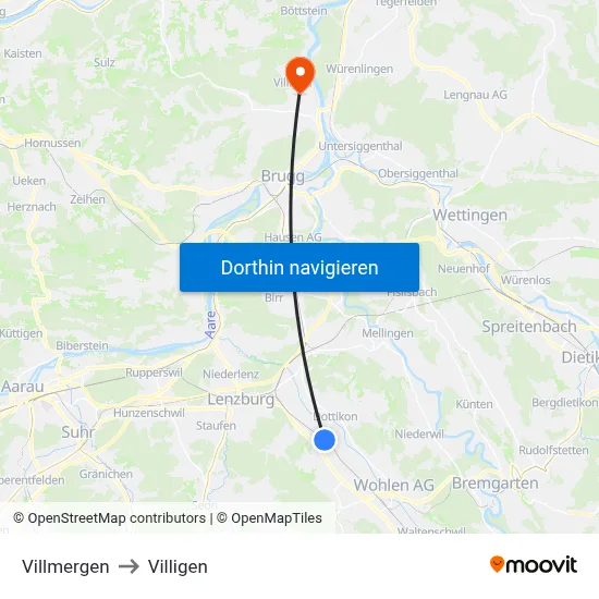 Villmergen to Villigen map