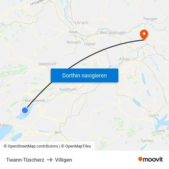 Twann-Tüscherz to Villigen map