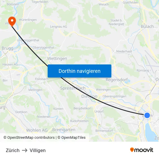 Zürich to Villigen map