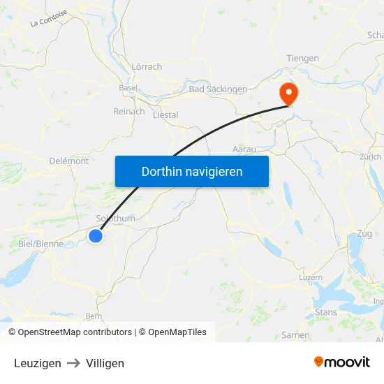 Leuzigen to Villigen map