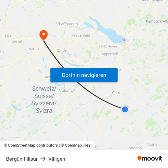 Bergün Filisur to Villigen map