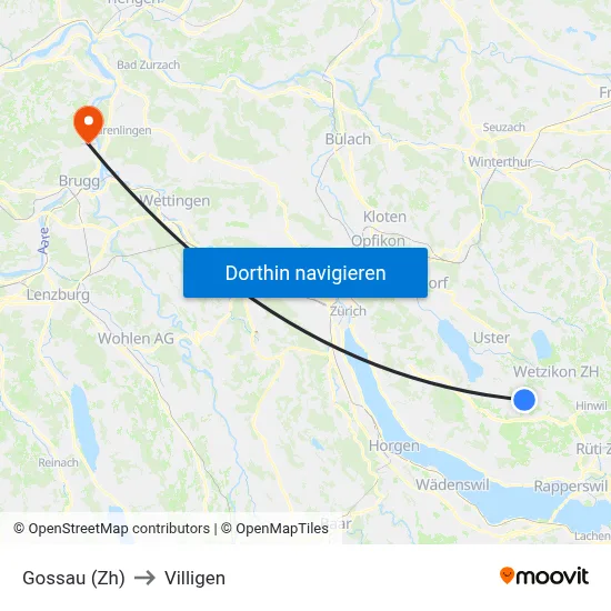 Gossau (Zh) to Villigen map