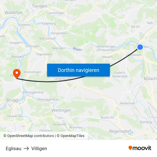 Eglisau to Villigen map