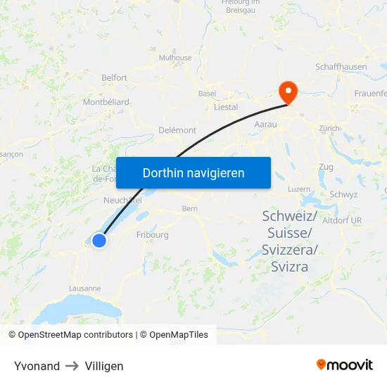 Yvonand to Villigen map