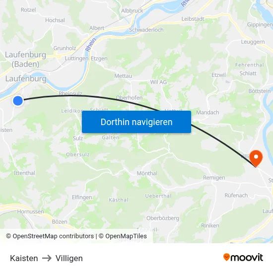 Kaisten to Villigen map