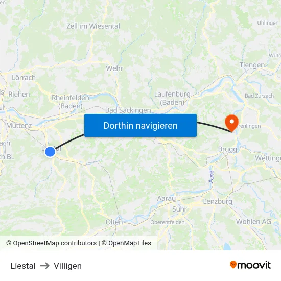 Liestal to Villigen map