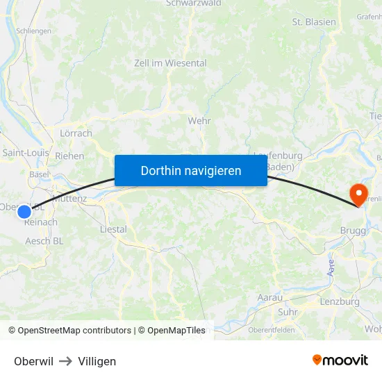 Oberwil to Villigen map