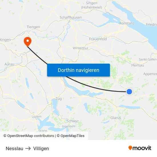 Nesslau to Villigen map