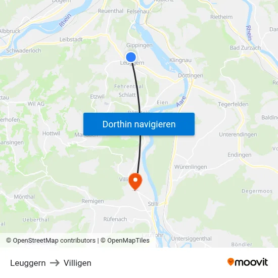 Leuggern to Villigen map