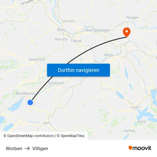 Worben to Villigen map