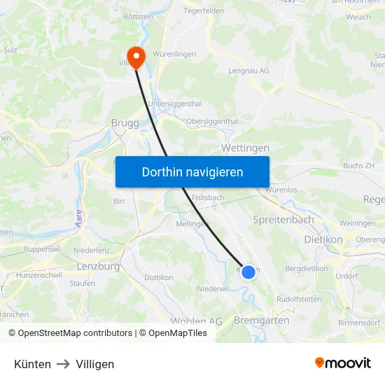 Künten to Villigen map