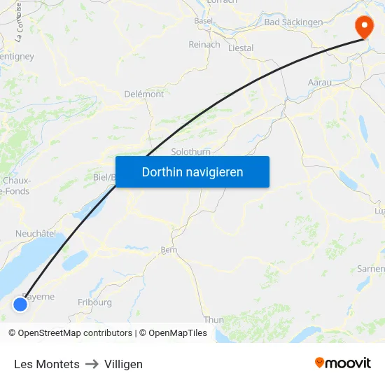 Les Montets to Villigen map